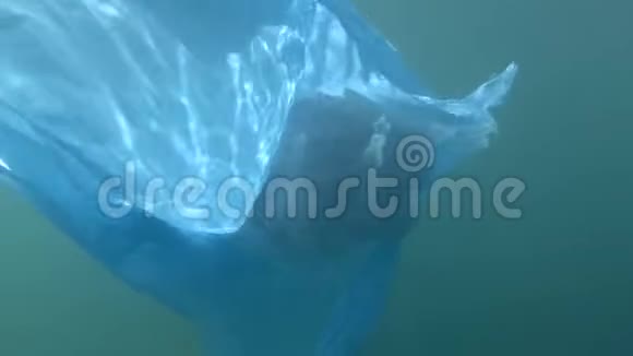 塑料污染一个废弃的蓝色塑料袋漂浮在水下里面有水母在蓝色的水里视频的预览图