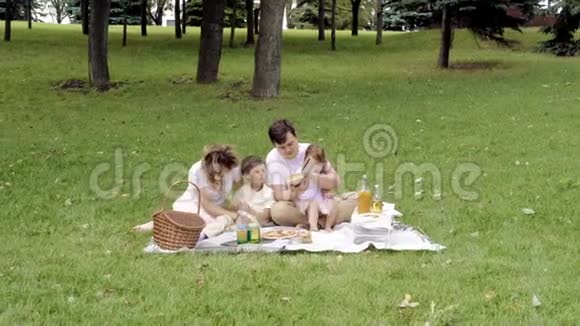 快乐的家庭和孩子们在户外野餐上读一本书视频的预览图