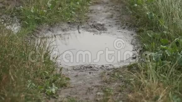 女孩穿着靴子在乡间小路上的雨坑里奔跑的特写视频的预览图