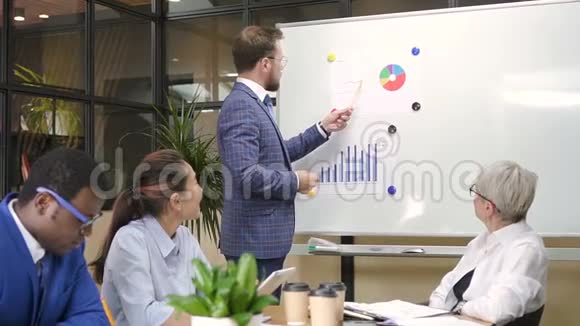 男性自信的高管在办公室介绍财务目标视频的预览图