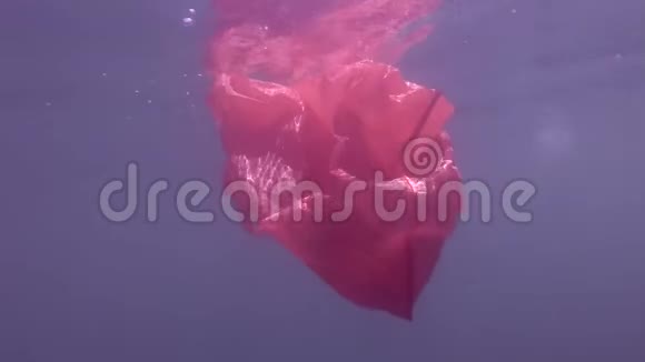 塑料污染一个废弃的红色塑料袋在水面下的蓝色水中漂流视频的预览图