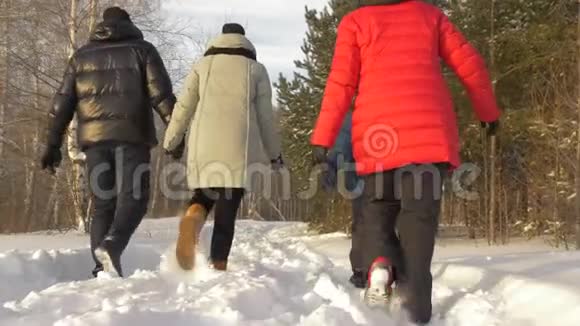 亲子关系时尚季节和人的观念与穿着冬装的孩子在户外散步的幸福家庭视频的预览图