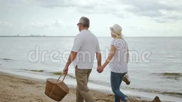 老年妇女和男性养老金领取者沿海边移动视频的预览图