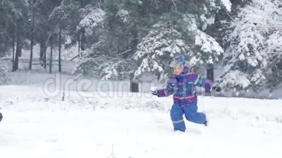 一个快乐的孩子跑向他的母亲向她扔雪球在美丽的冬天森林或公园里快乐的一家人视频的预览图
