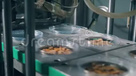 带有面包小吃的塑料盘子被密封了食品厂的包装工艺视频的预览图