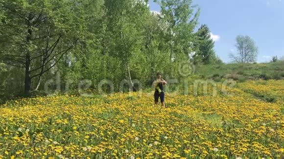 女孩收集蒲公英织花圈春天的草地上长满了开花的蒲公英阳光明媚的春天在公园里视频的预览图