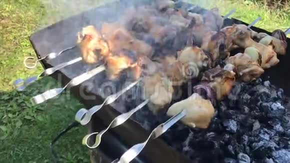 视频镜头与鸡肉烤与热焦焦烧烤与金属串白色烟雾视频的预览图