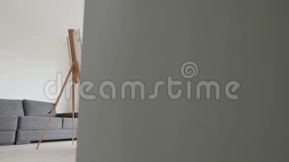 白人白种人妇女在家庭工作室画架的肖像水平滑块摄像机移动视频的预览图