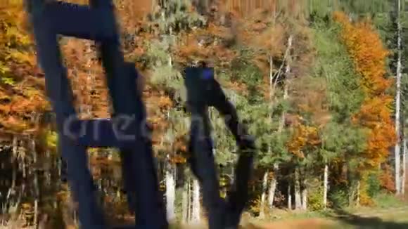 从路过火车的窗户上看到秋天的风景秋天的一棵树上有五颜六色的叶子巴伐利亚景观视频的预览图