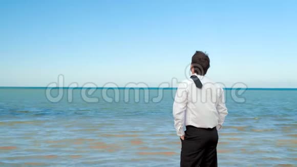 站在海滩上望大海的商人视频的预览图