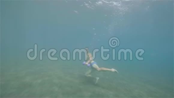 戴面具的年轻运动员正在水下用哑铃做手部二头肌练习视频的预览图