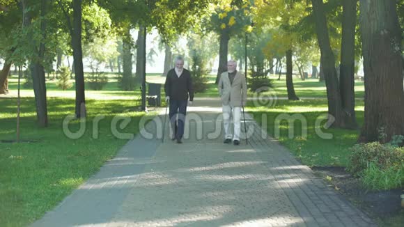 两个老人在公园里散步谈论生活老年人的问题视频的预览图