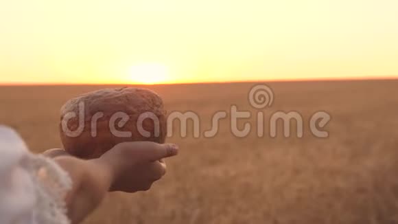 在夕阳的照耀下一个女孩手里拿着一大堆面包特写镜头美味的面包在手掌上视频的预览图