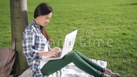 亚裔美国妇女使用笔记本电脑坐在大学校园里视频的预览图