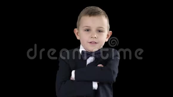 小男孩穿着正式服装双手交叉阿尔法频道视频的预览图