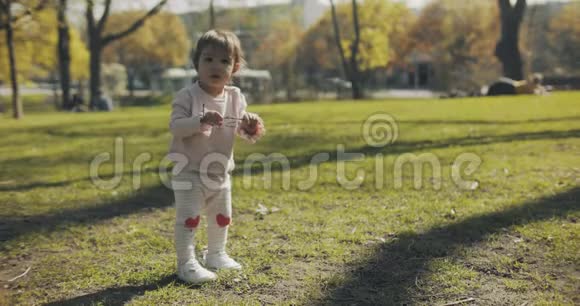 超级可爱的宝贝女孩在公园里玩视频的预览图