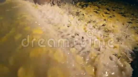 油炸薯片从传送带上掉下来在烹饪设施里有油视频的预览图
