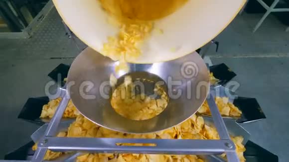炸薯条掉进食品厂的分拣容器里视频的预览图