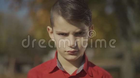 一个小男孩的肖像先是悲伤然后是微笑穿红色衬衫的可爱孩子花时间在户外悲伤视频的预览图