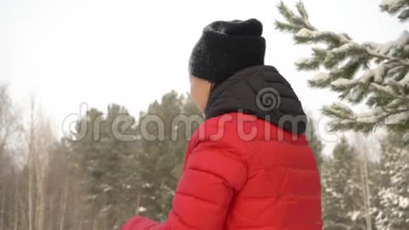 穿着红衣服脸上带着雪的快乐女人在冬天的森林里下雪后微笑视频的预览图