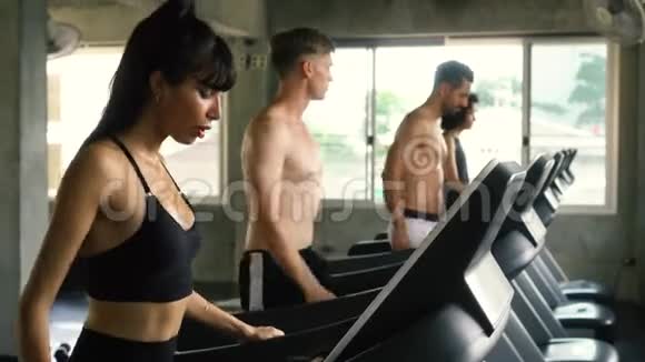 一群人在现代健身房的跑步机上锻炼健身男女一起工作视频的预览图