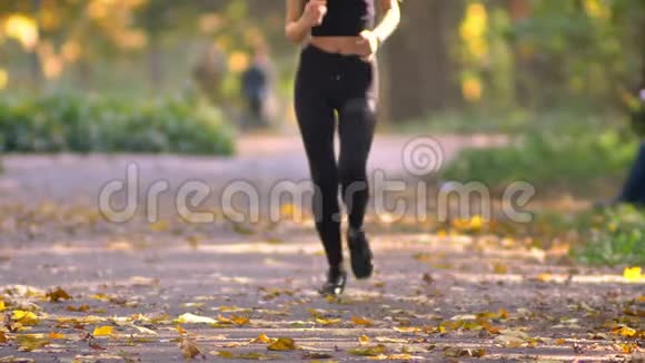 在秋季公园里穿着连衣裙戴着耳机的女孩的特写肖像停下来系紧她的内裤然后继续视频的预览图