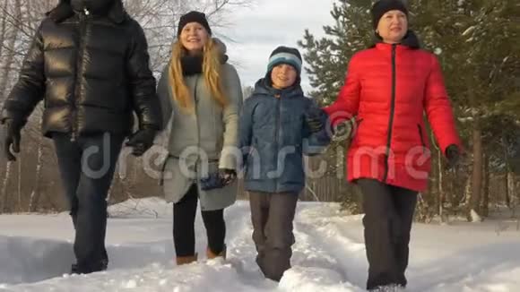友好的家庭在冬季公园散步雪道阳光明媚视频的预览图