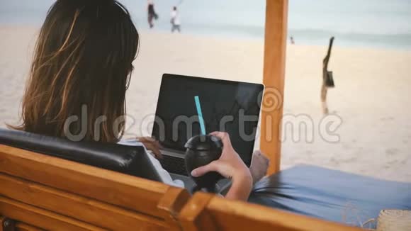 后景成功快乐自由职业者与饮料工作的笔记本电脑图表在风景秀丽的海洋海滩躺椅视频的预览图
