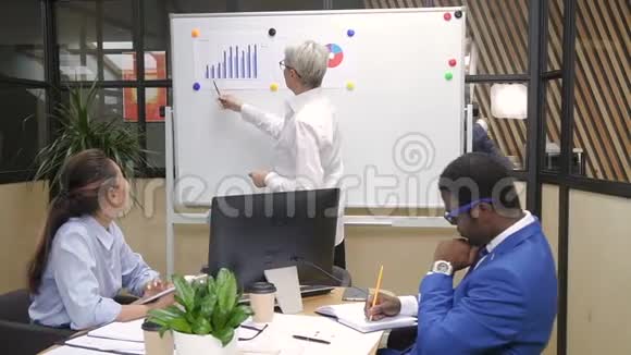 女财务专家向混合种族团队介绍商业战略简报视频的预览图