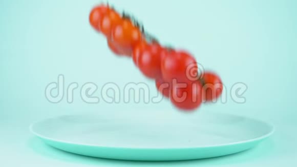 落在蓝色盘子上的树枝上的樱桃番茄蓝色背景视频的预览图