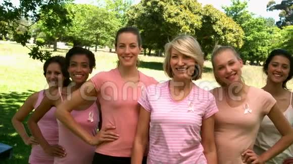 公园内因乳腺癌而穿粉色衣服的妇女视频的预览图