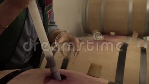 女人从酒窖里的橡木桶里挑一个酒探视频的预览图