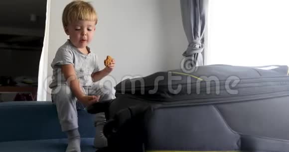 婴儿正坐在手提箱旁边吃饼干视频的预览图