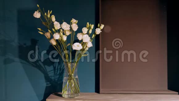 玻璃花瓶与轻轻的粉红色康乃馨站在一张木桌上的背景墙内部的一部分视频的预览图