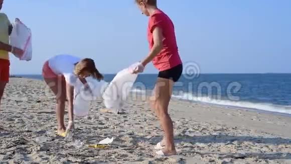 组志愿者清理沙滩线人们举起并把一个塑料瓶扔进袋子里视频的预览图