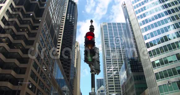 芝加哥的交通灯由红到绿转向市中心摩天大楼金融区交叉口视频的预览图