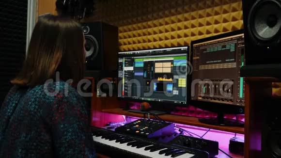 女音乐家歌曲作者在录音室弹钢琴MIDI键盘女声工程师在家庭音乐工作室工作视频的预览图