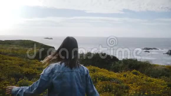 镜头跟随年轻快乐的女人在黄花中奔跑指向史诗般的岩石大苏尔海洋海岸线视频的预览图