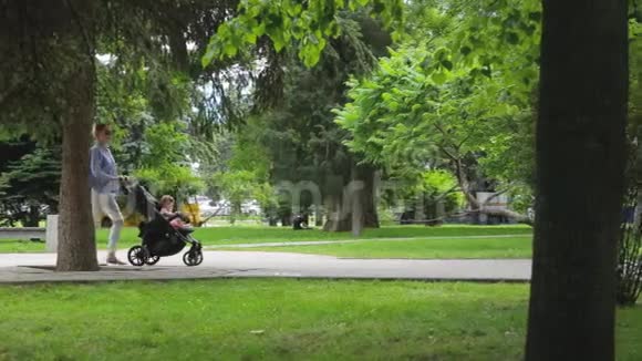 可爱的苗条妈妈带着婴儿车和她的小女儿在图片城公园的绿树中散步视频的预览图