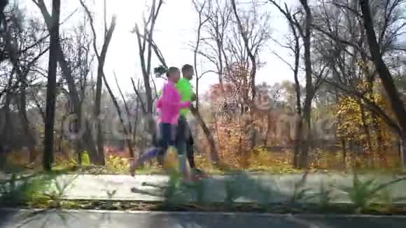 秋季公园早上慢跑的年轻运动员视频的预览图
