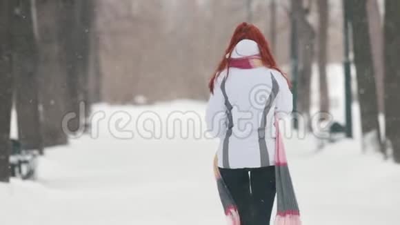 冬季公园一个微笑的女人一头鲜红的头发在电话里说话背面视频的预览图