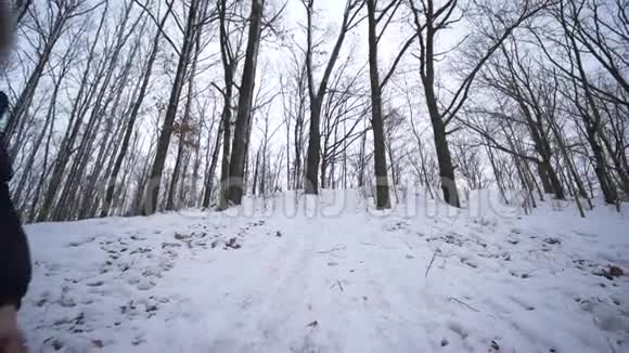家庭冬季活动托博根的小男孩骑着车从森林里的雪山视频的预览图