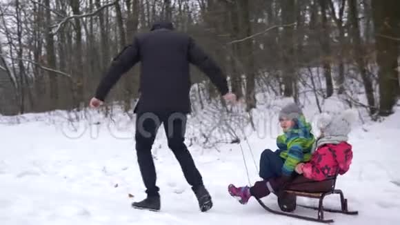 寒假父亲在下雪的天气里在森林里橇孩子们视频的预览图