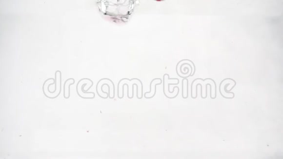 成熟的覆盆子掉进水里有很多小气泡分离白色背景的浆果视频视频的预览图