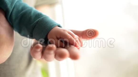 牵着手把熟睡的宝宝交给爸爸特写的手双手与白色背景隔离视频的预览图