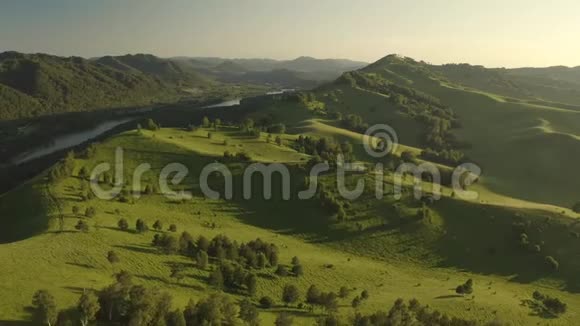 空中无人机镜头视图在阳光柔和的光线下用松林飞越春天的山脉山丘和草地飞出去视频的预览图
