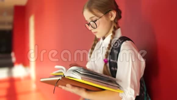 那个女孩正在学校走廊里准备考试一个戴眼镜的女生的近照视频的预览图
