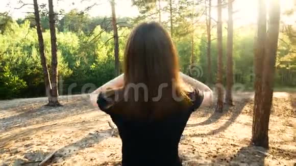 剪影女孩日落公园阳光森林的头发视频的预览图