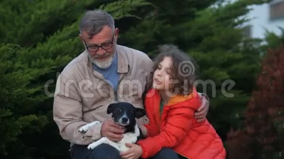 快乐的祖父和孙子和他的狗在公园散步家庭和宠物视频的预览图