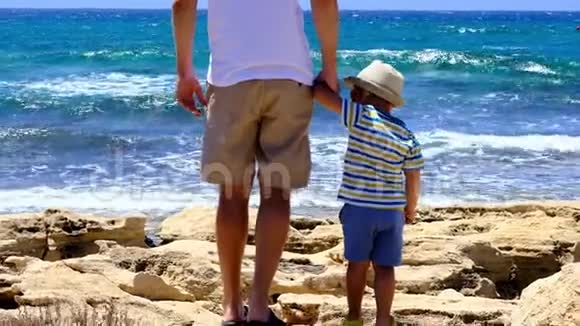 父亲和儿子背靠着克利夫托普望着美丽的蓝色海水视频的预览图